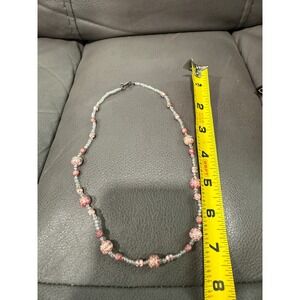 Vintage Style Pink Floral Beaded Necklace Gold Filigree Glass Seed Bead 16 Inch